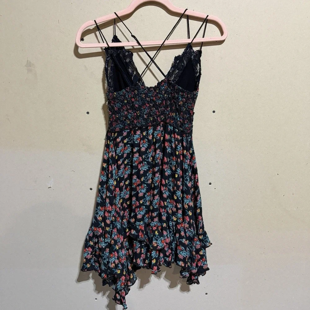 Free People Fp One Adella Slip Mini Dress Printed Lace Ruffle Festival Sz S Flaw